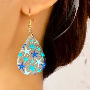 Pair of Acrylic Teardrop Shaped Starfish Earrings Shades of Blue.